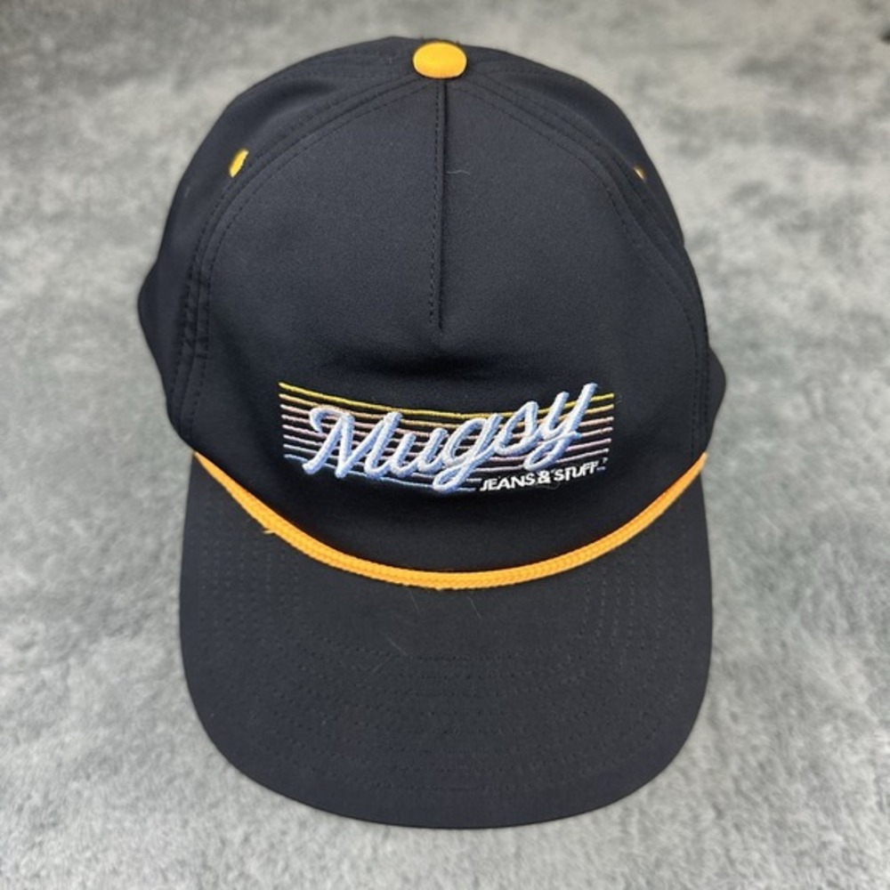 Mugsy Jeans & Stuff Snapback Hat Mens OSFA Black Yellow Retro Rope 5 Panel Cap